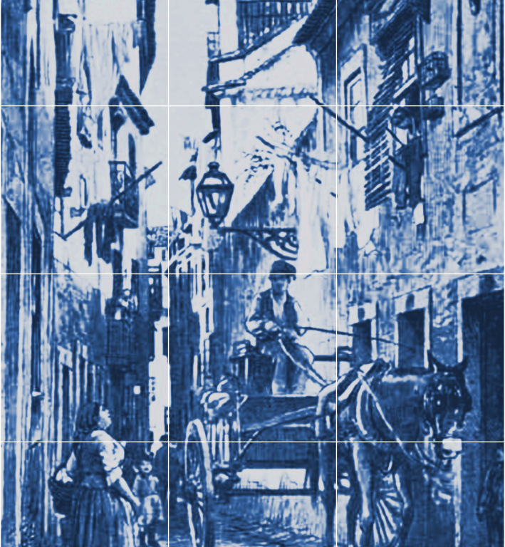 Azulejos ou faience représentant le quartier de Mouraria à Lisbonne au XIXe siècle