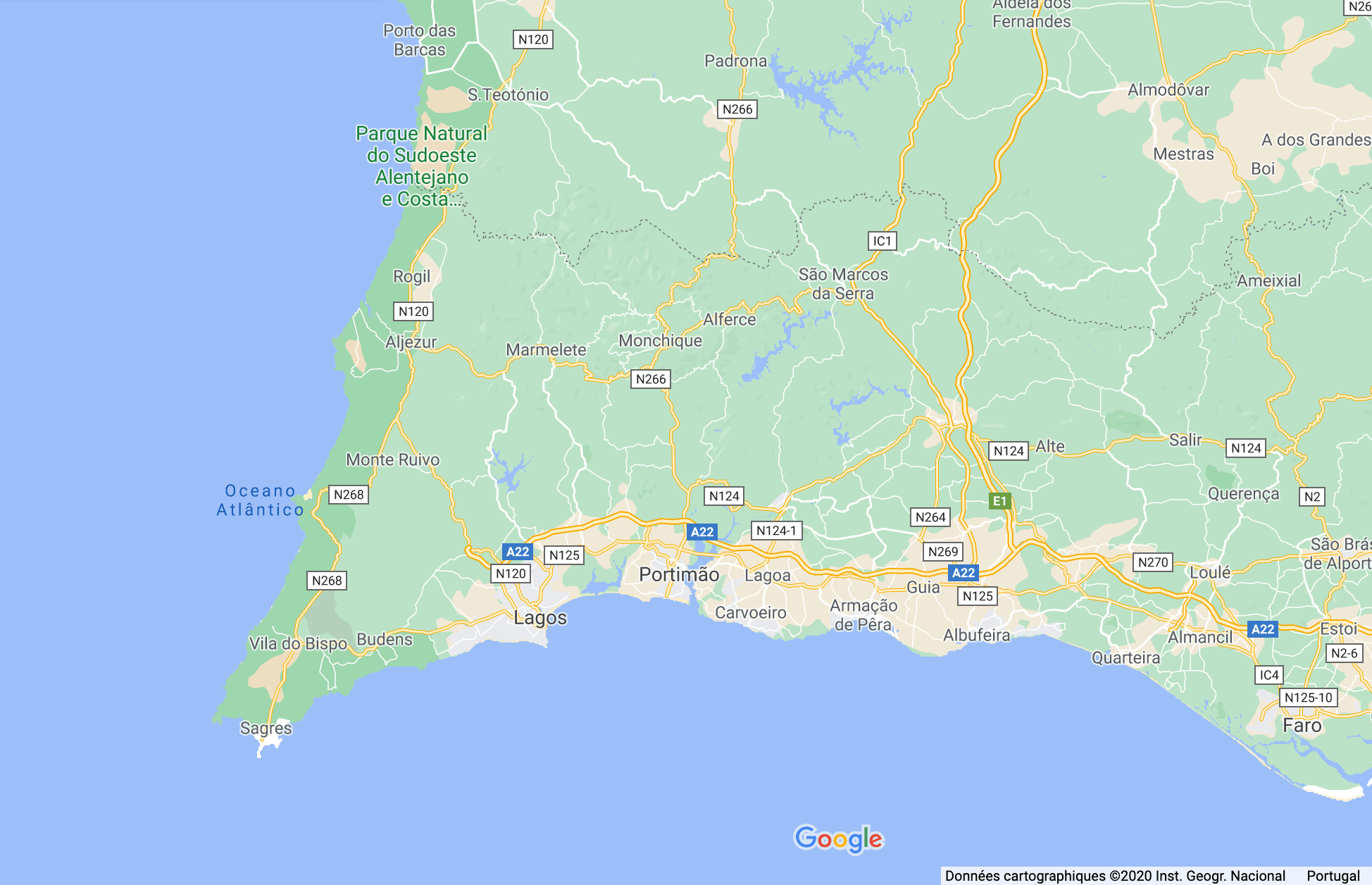 carte d'un road trip surf en Algarve